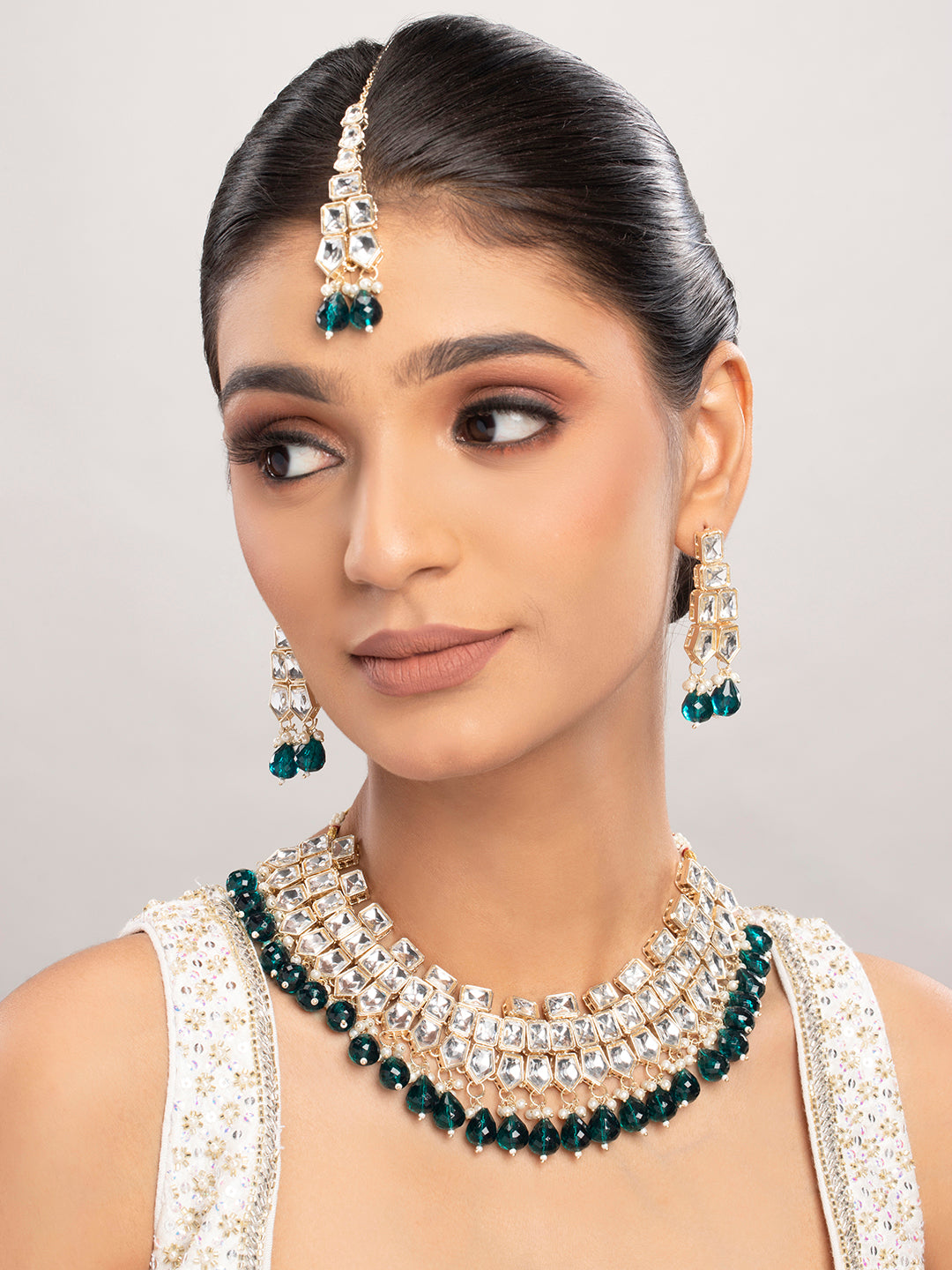 Priyaasi Gold Plated Kundan & Green Baeded Jewellery Set with Maangtika