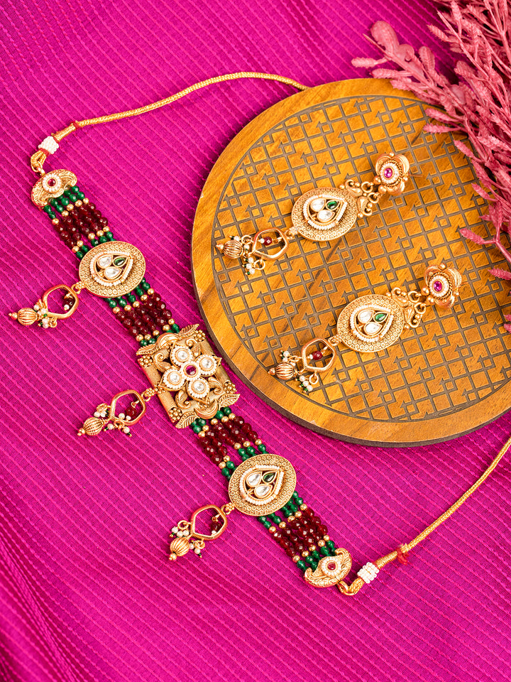 Priyaasi Gold Plated Stone Studded Floral Choker Set with Maangtika