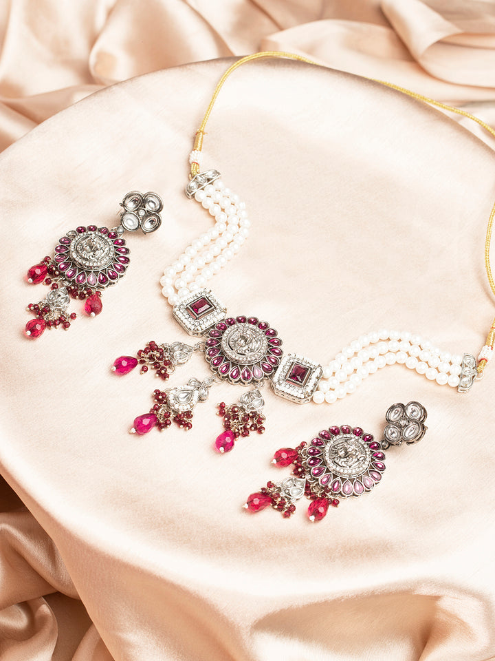 Priyaasi Purple Stone Studded Silver Plated Floral Jewellery Set