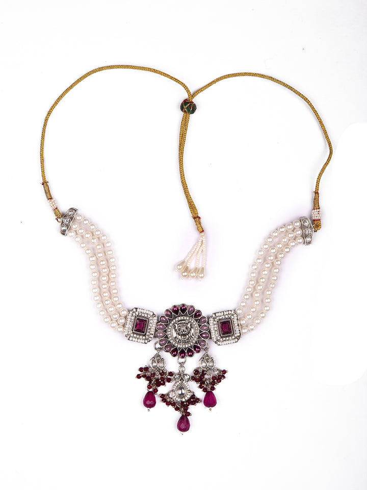 Priyaasi Purple Stone Studded Silver Plated Floral Jewellery Set