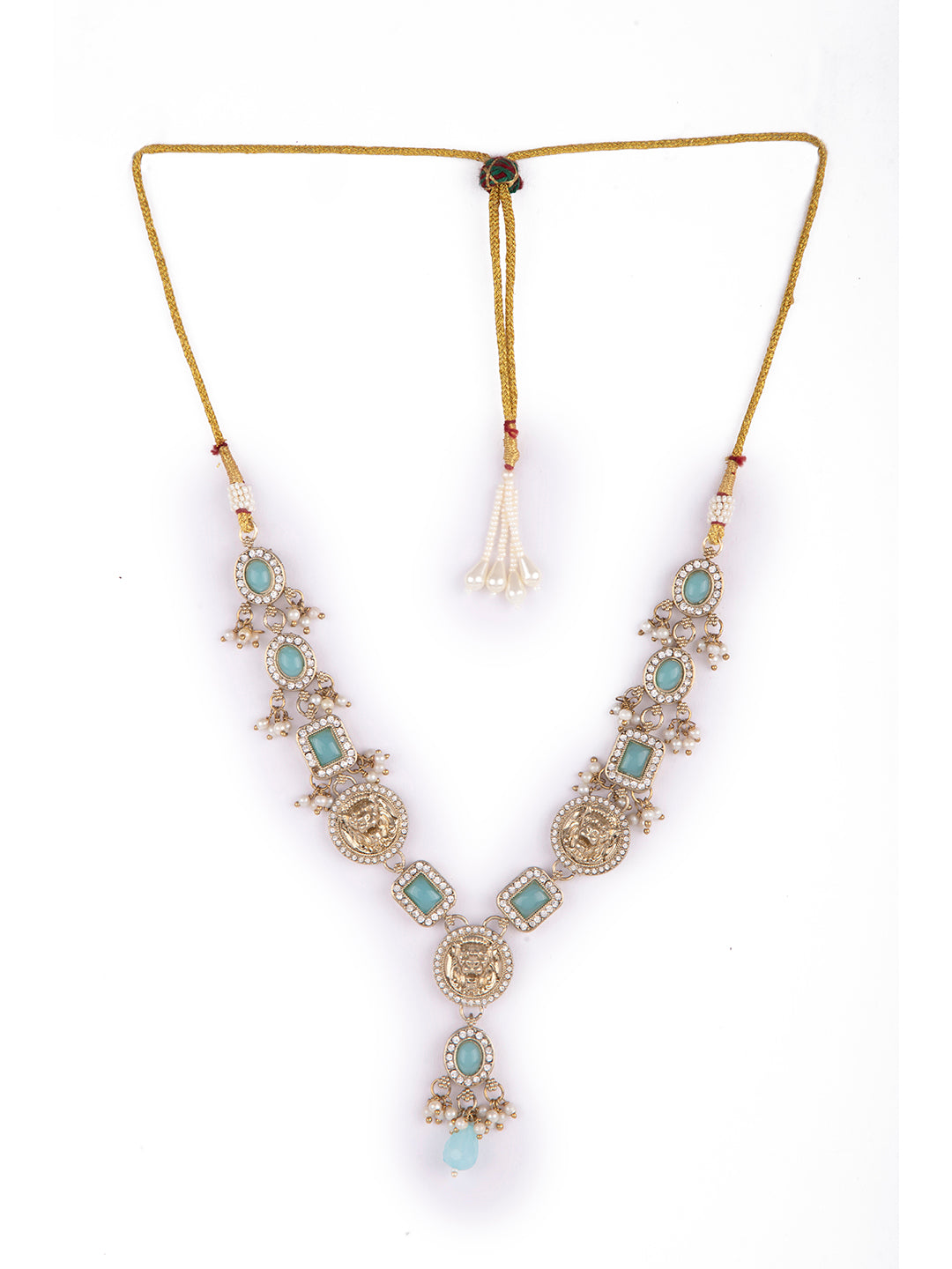 Antique Matte Gold Finish Blue Stone Studded Temple Jewellery set - Styylo  Fashion - 3800783