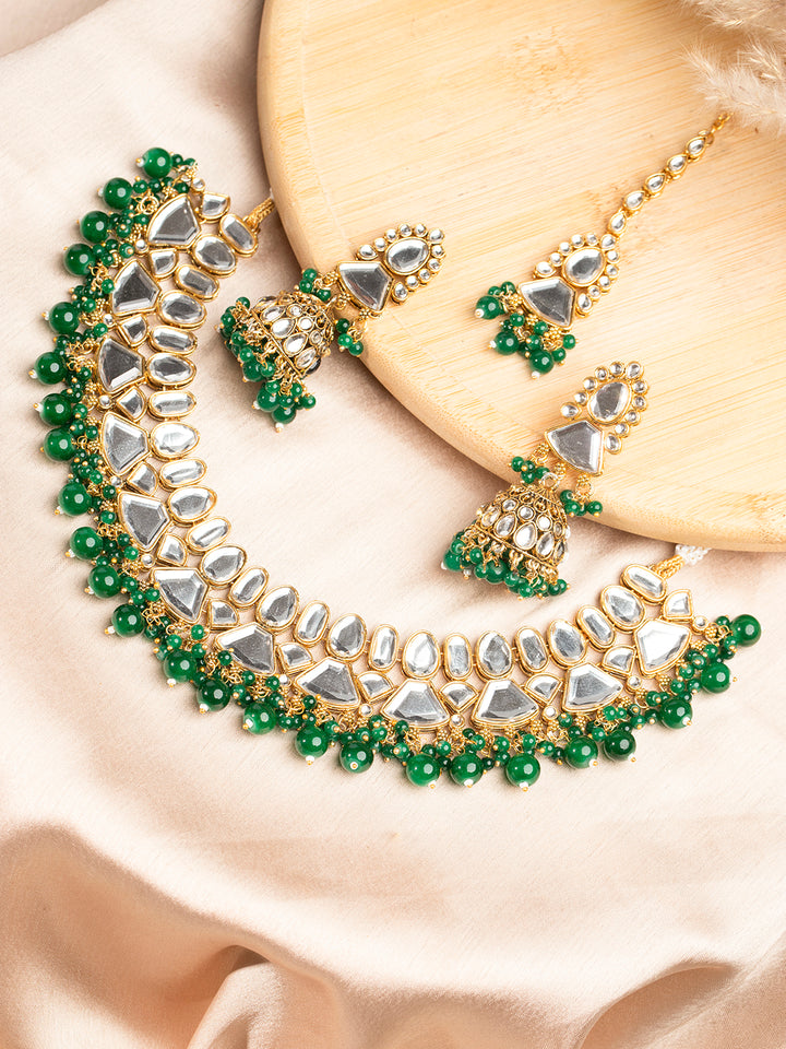 Priyaasi Gold Plated Green Beaded Polki Jewellery Set with Maangtika