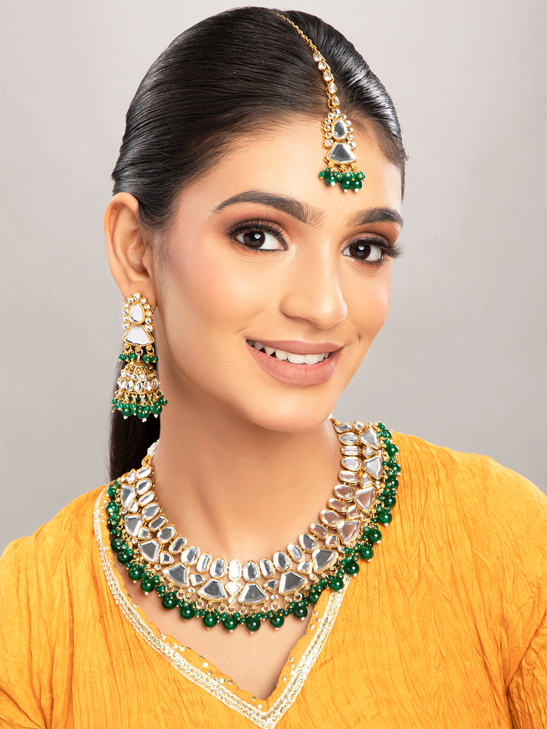 Priyaasi Gold Plated Green Beaded Polki Jewellery Set with Maangtika