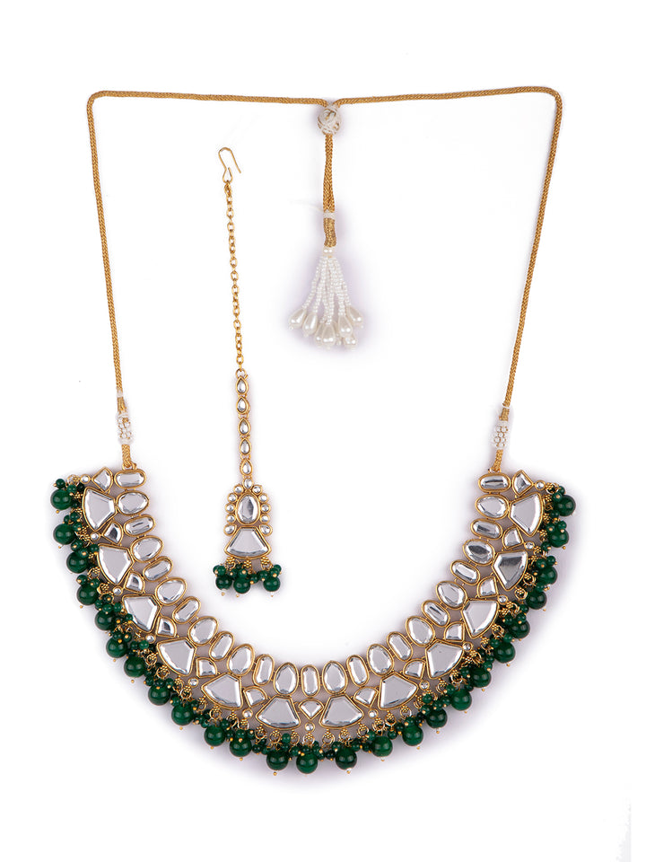 Priyaasi Gold Plated Green Beaded Polki Jewellery Set with Maangtika