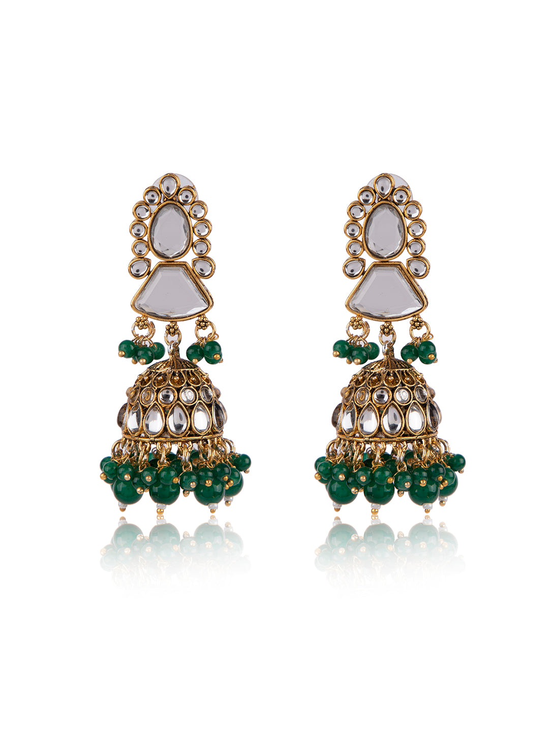 Priyaasi Gold Plated Green Beaded Polki Jewellery Set with Maangtika