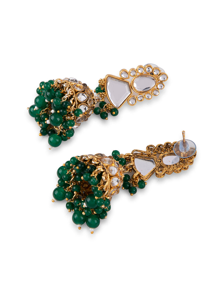 Priyaasi Gold Plated Green Beaded Polki Jewellery Set with Maangtika