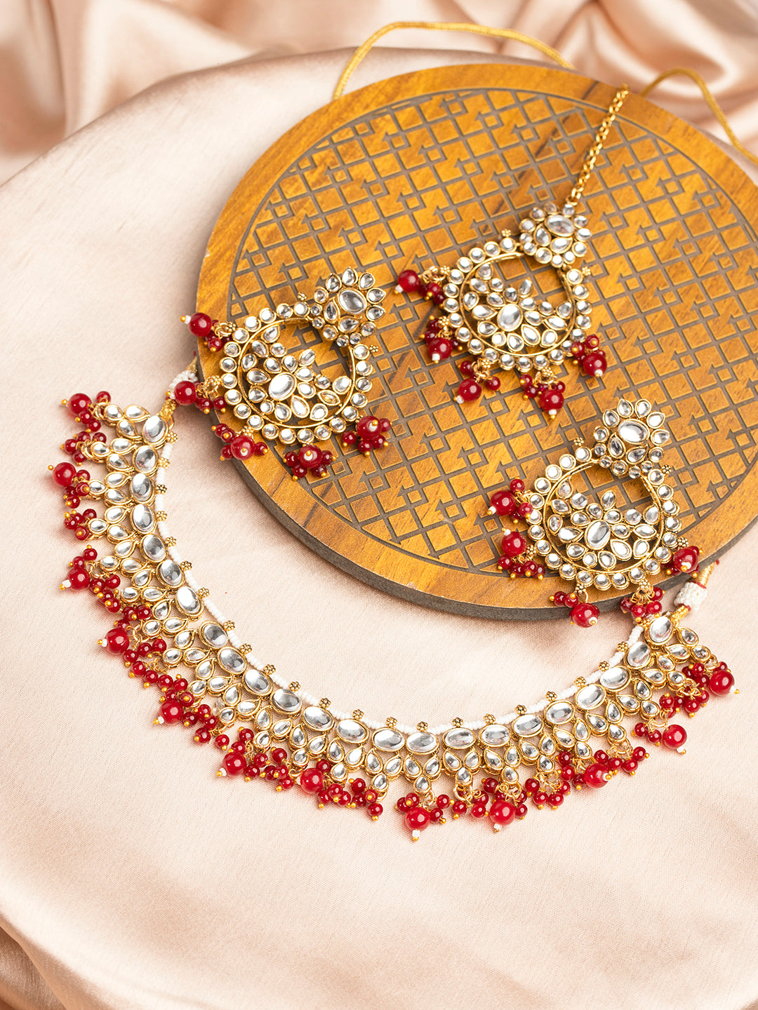 Priyaasi Gold Plated Kundan Red Beaded Floral Jewellery Set with Maangtika