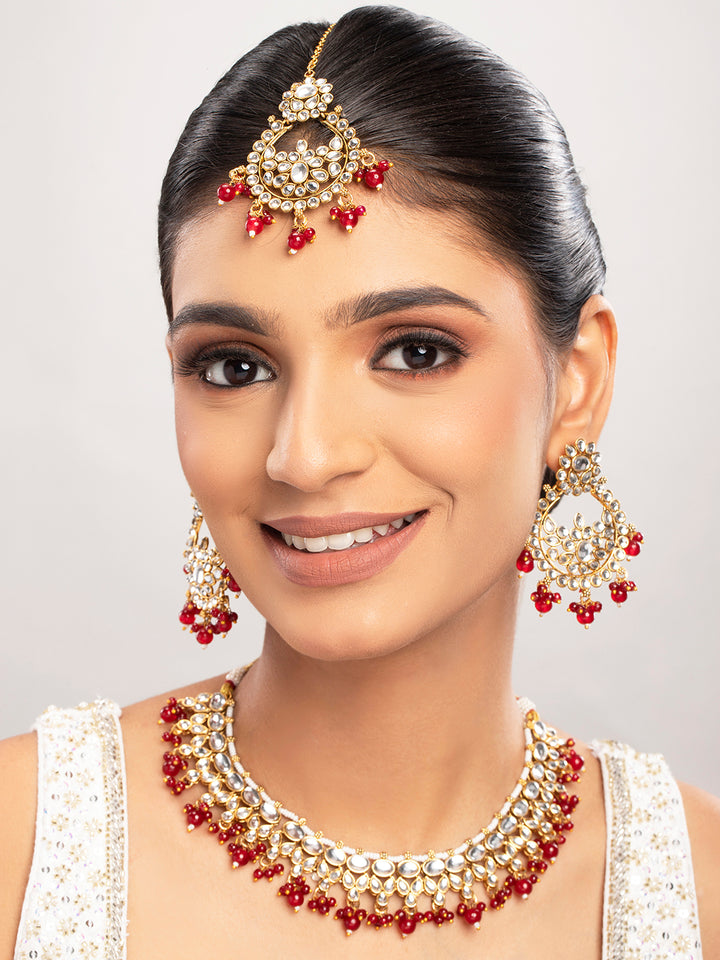 Priyaasi Gold Plated Kundan Red Beaded Floral Jewellery Set with Maangtika