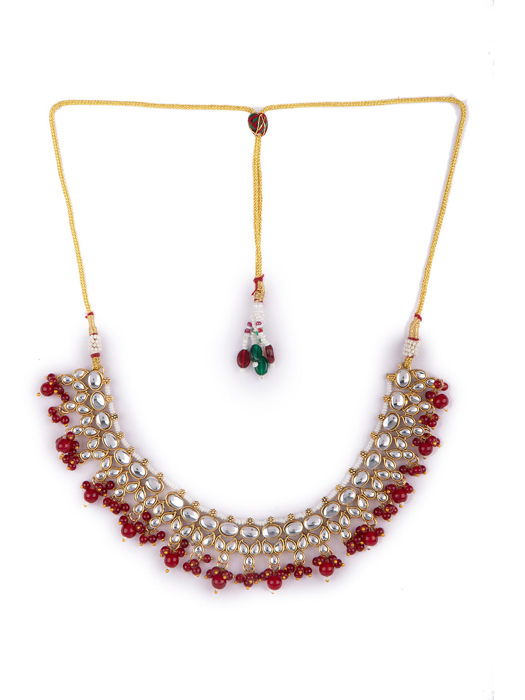 Priyaasi Gold Plated Kundan Red Beaded Floral Jewellery Set with Maangtika