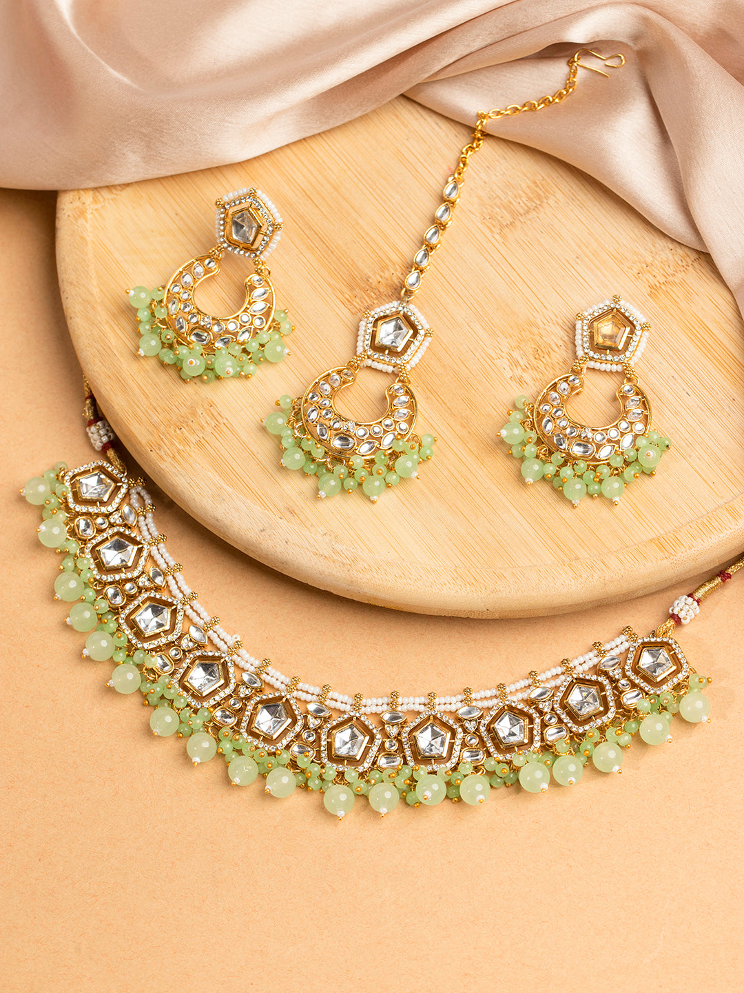 Priyaasi Mint Green Beaded Gold Plated Kundan Jewellery Set with Maangtika