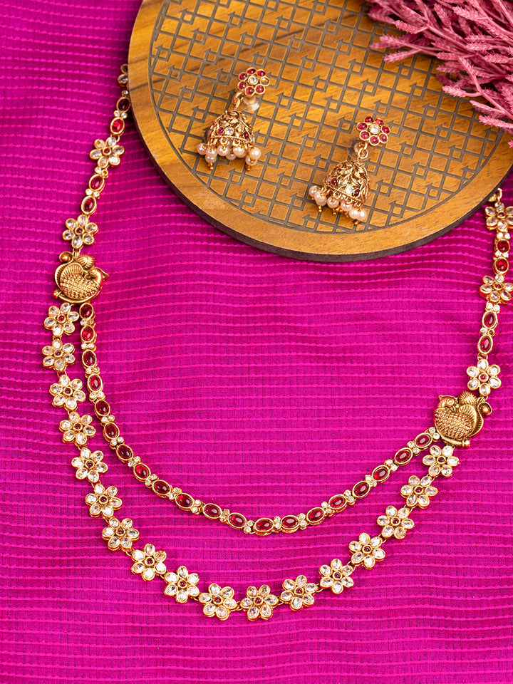 Priyaasi Red & Gold Plated Floral Layered Jewellery Set