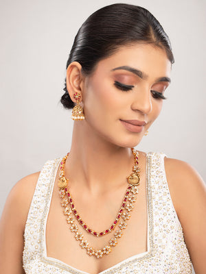 Priyaasi Red & Gold Plated Floral Layered Jewellery Set