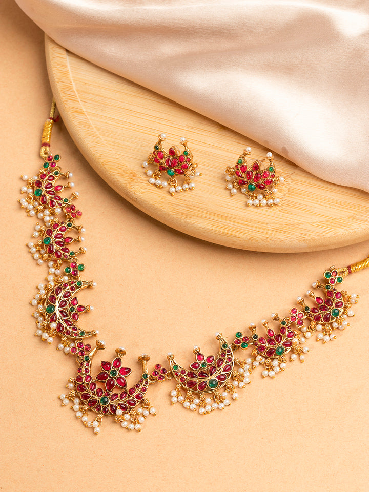Priyaasi Red Real Kemp Stones Gold Plated Jewellery Set