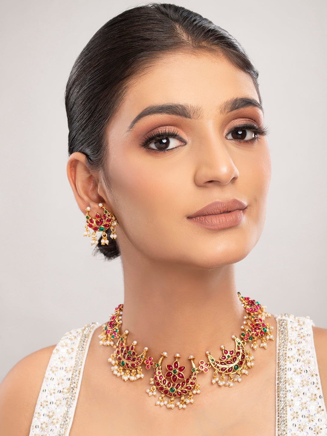 Priyaasi Red Real Kemp Stones Gold Plated Jewellery Set