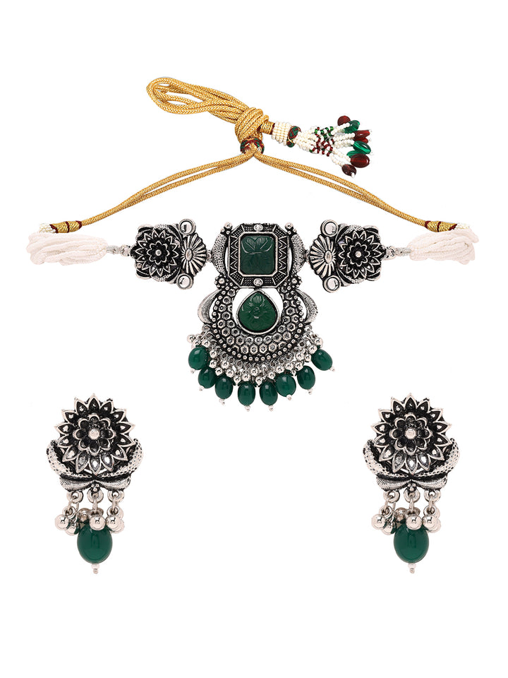 Priyaasi Oxidised Pearls and Green Beads Jewellery Set