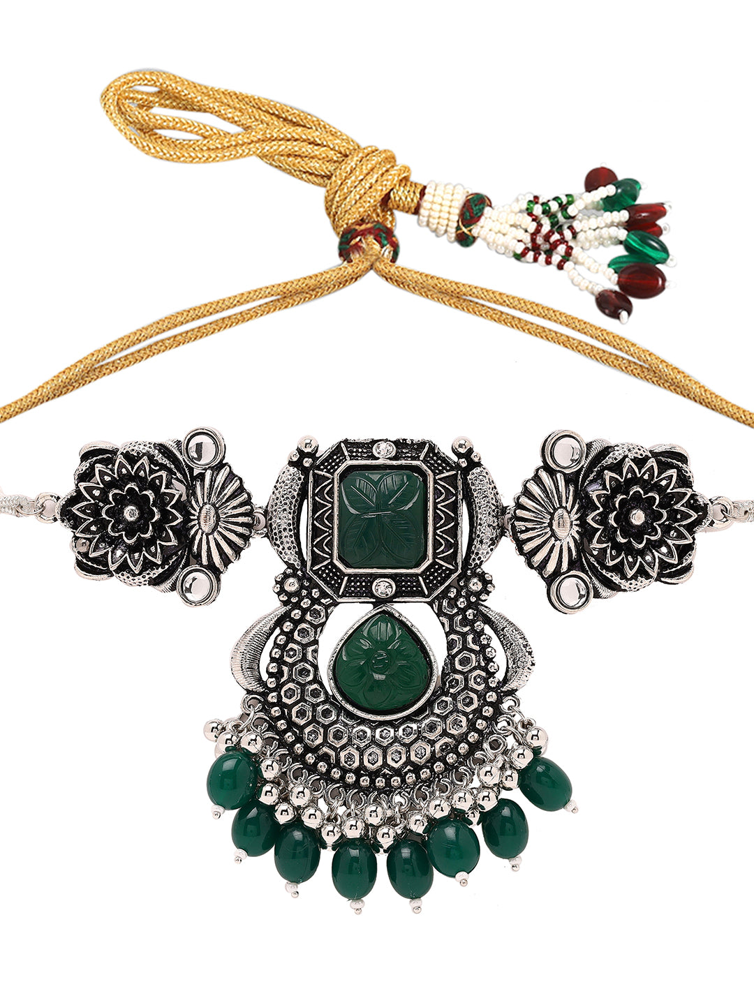 Priyaasi Oxidised Pearls and Green Beads Jewellery Set