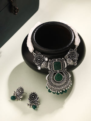 Priyaasi Oxidised Pearls and Green Beads Jewellery Set