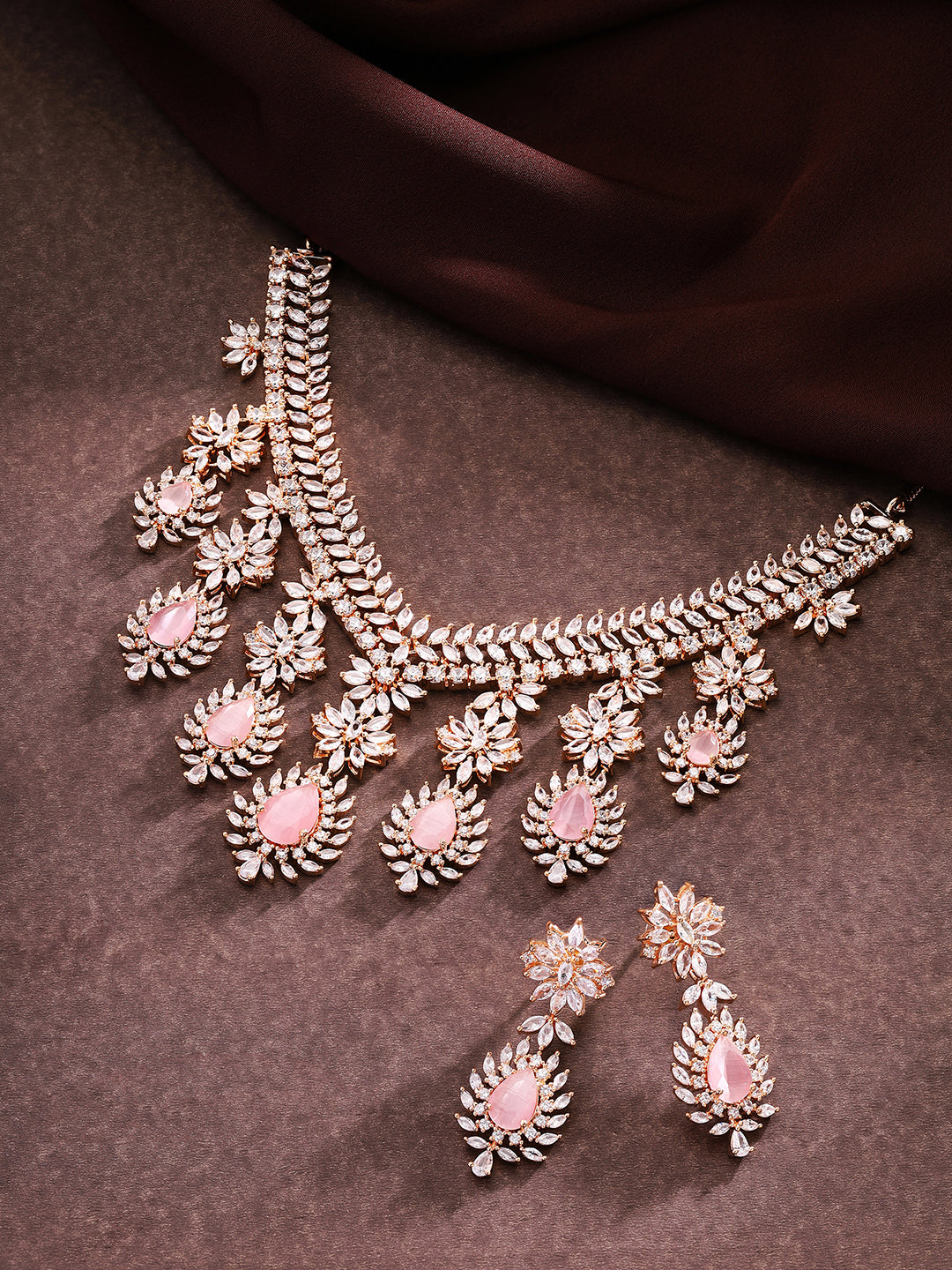 Priyaasi Elegant Rose Gold-Plated American Diamond and Pink Stones Jewellery Set