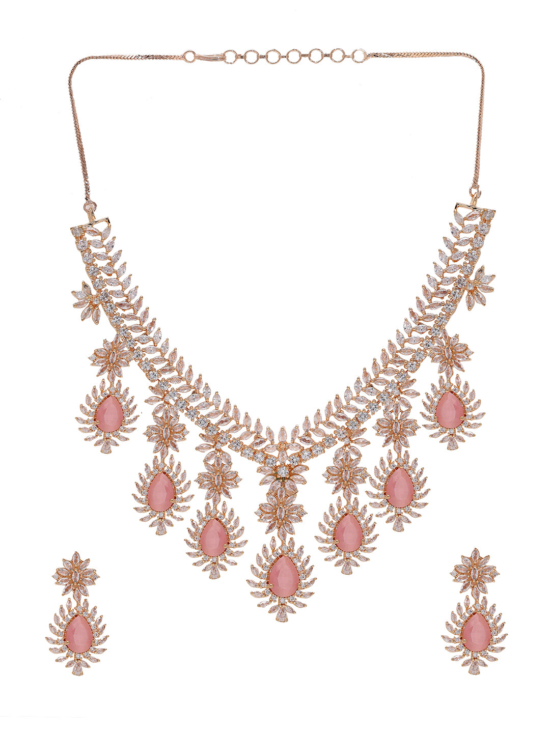 Priyaasi Elegant Rose Gold-Plated American Diamond and Pink Stones Jewellery Set