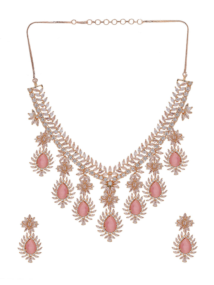 Priyaasi Elegant Rose Gold-Plated American Diamond and Pink Stones Jewellery Set