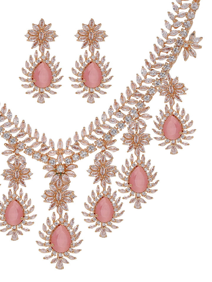 Priyaasi Elegant Rose Gold-Plated American Diamond and Pink Stones Jewellery Set