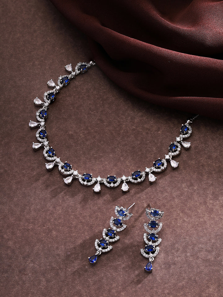 Priyaasi Exquisite Elegance Silver-Plated American Diamond Earrings with Stunning Blue Stones