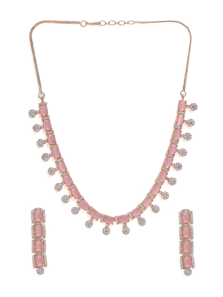 Priyaasi Rose Gold Plated Jewelry Set with American Diamond and Pink Stone Accents