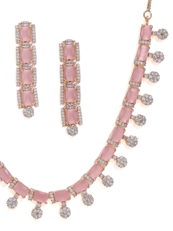 Priyaasi Rose Gold Plated Jewelry Set with American Diamond and Pink Stone Accents