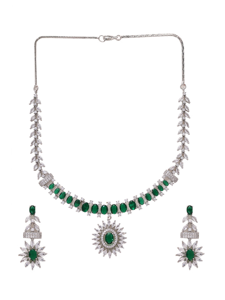 Priyaasi Elegant Harmony with American Diamonds and Green Stones with Silver Plating Jewellery Set