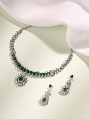 Priyaasi Elegant Harmony with American Diamonds and Green Stones with Silver Plating Jewellery Set