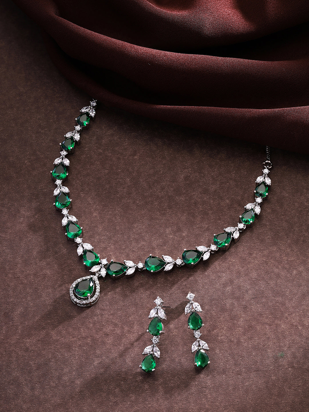 Priyaasi Silver-Plated Splendor with American Diamond Jewellery Set and Exquisite Drop-Shaped Stones