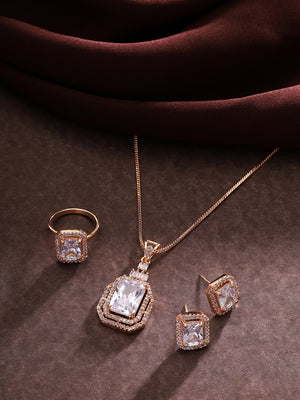 Priyaasi Radiant Rose Gold Plated American Diamond Jewellery Set with Exquisite Ring