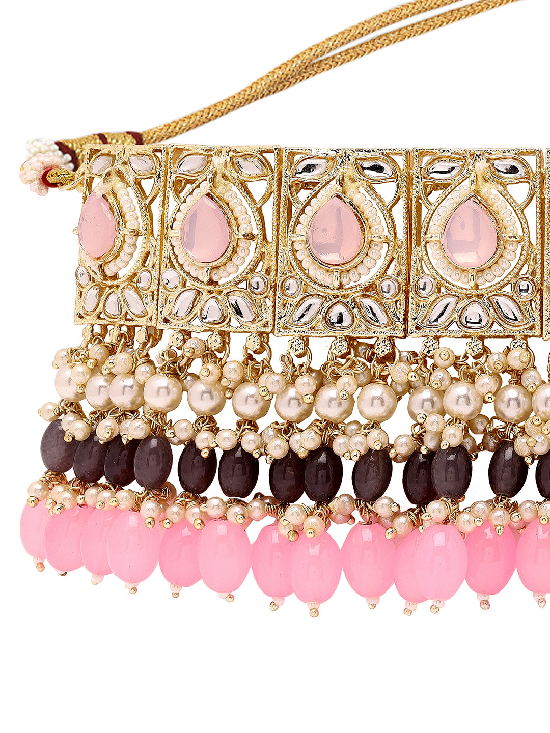 Priyaasi Exquisite Glamour Kundan Choker Set with Chandbali Earrings Adorned with Pink and Grey Stones