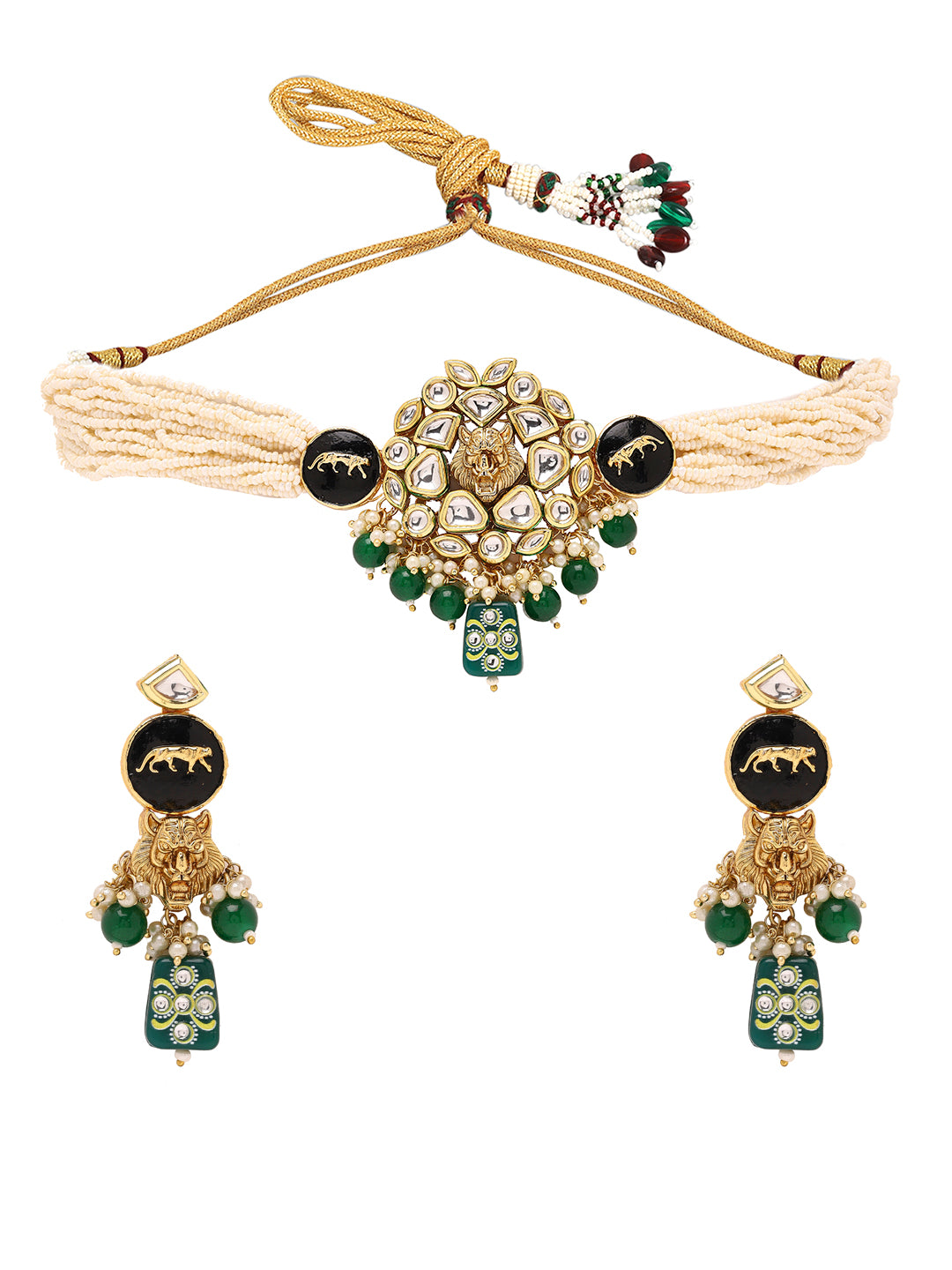 Priyaasi Royal Kundan Elegance with Lion-Faced Chocker and Green Stone Earrings