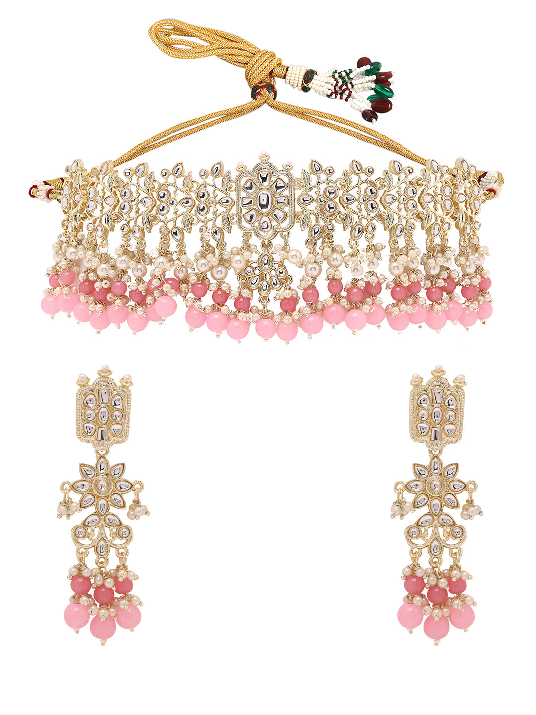 Priyaasi Kundans and Pink Stones Choker Set with Elegant Earrings