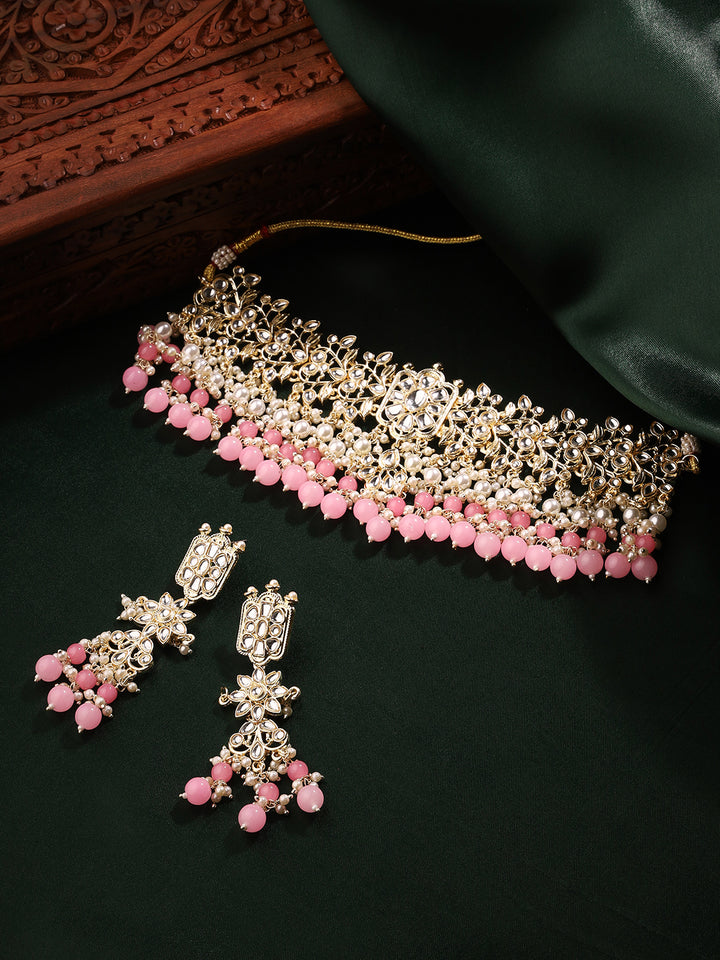 Priyaasi Kundans and Pink Stones Choker Set with Elegant Earrings