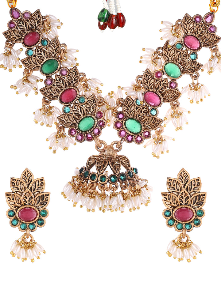 Priyaasi Temple Green and Ruby Stones Jewellery Set