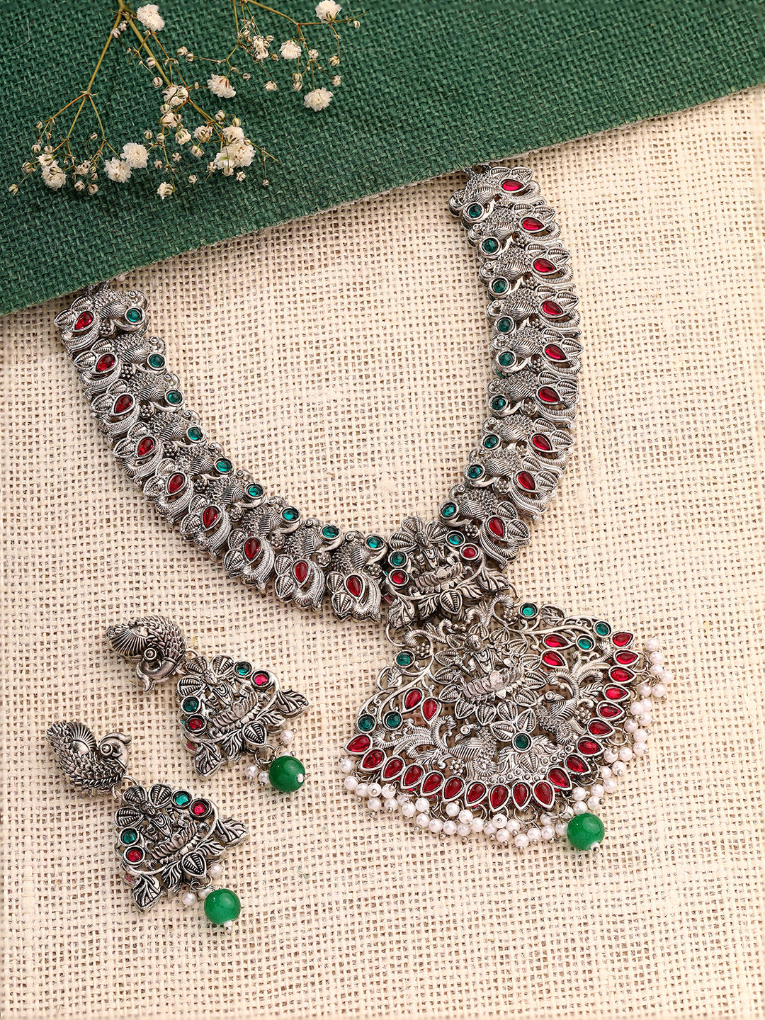 Priyaasi Silver Plated Green and Ruby Jewellery Set