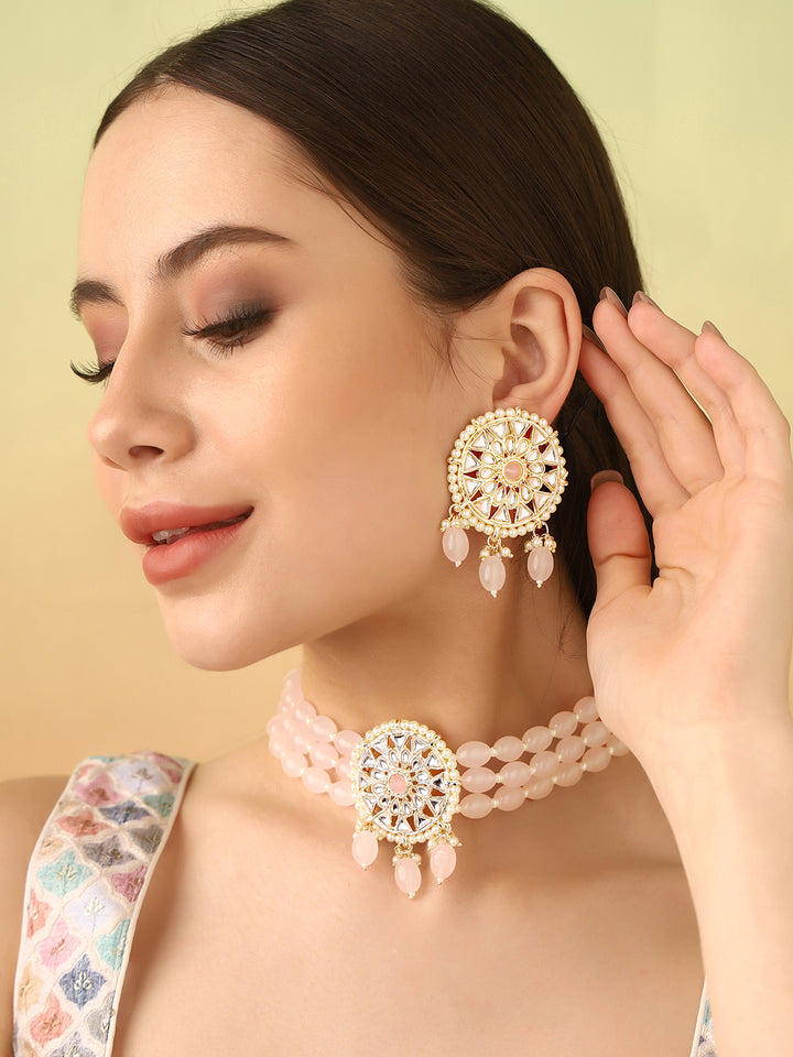 Priyaasi Glossy Pale Pink Kundan Choker Jewellery Set