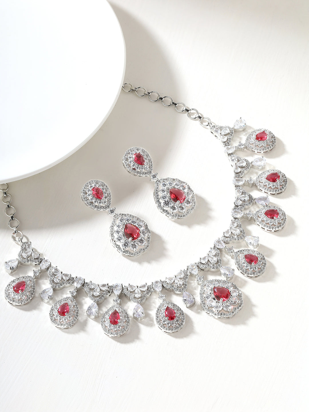 Priyaasi American Diamond Floral Red Jewellery Set