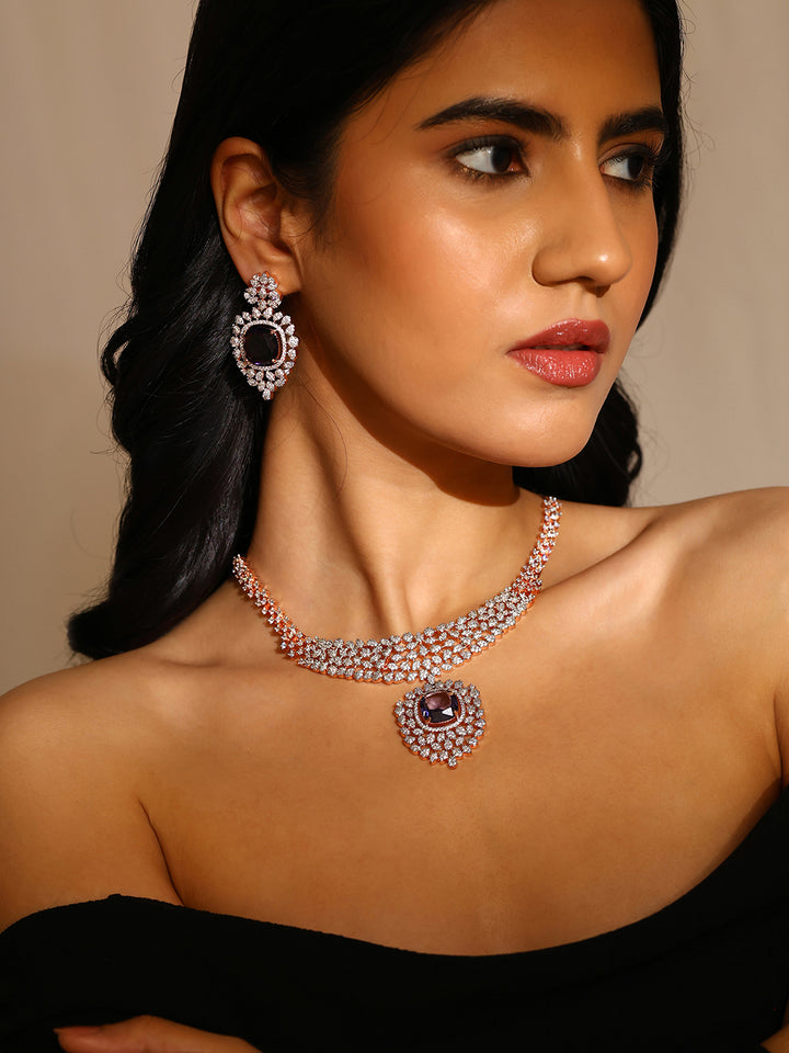 Priyaasi Royal Elegance Purple Stoned American Diamond Rose Gold Jewellery Set