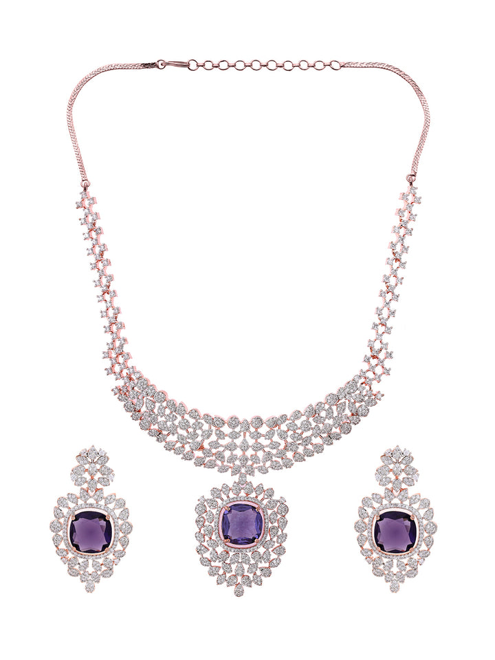 Priyaasi Royal Elegance Purple Stoned American Diamond Rose Gold Jewellery Set