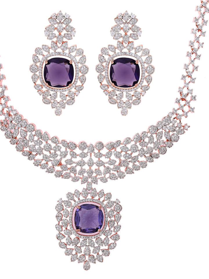 Priyaasi Royal Elegance Purple Stoned American Diamond Rose Gold Jewellery Set