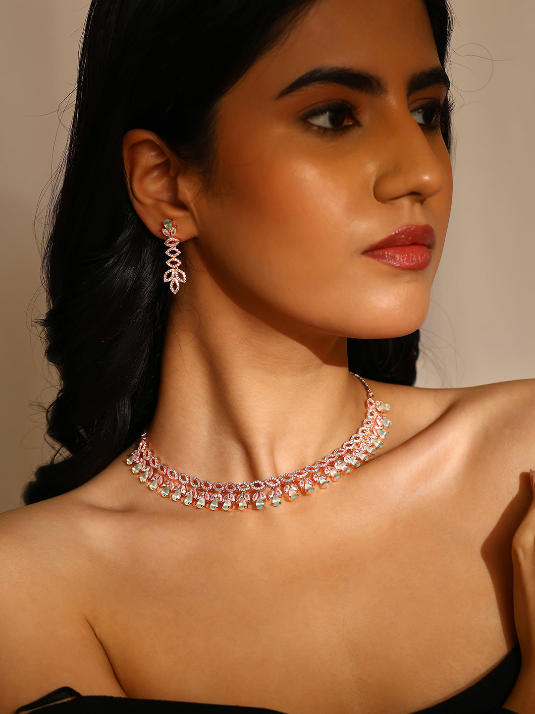 Priyaasi Chic American Diamond Mint Stoned Rose Gold Jewellery Set