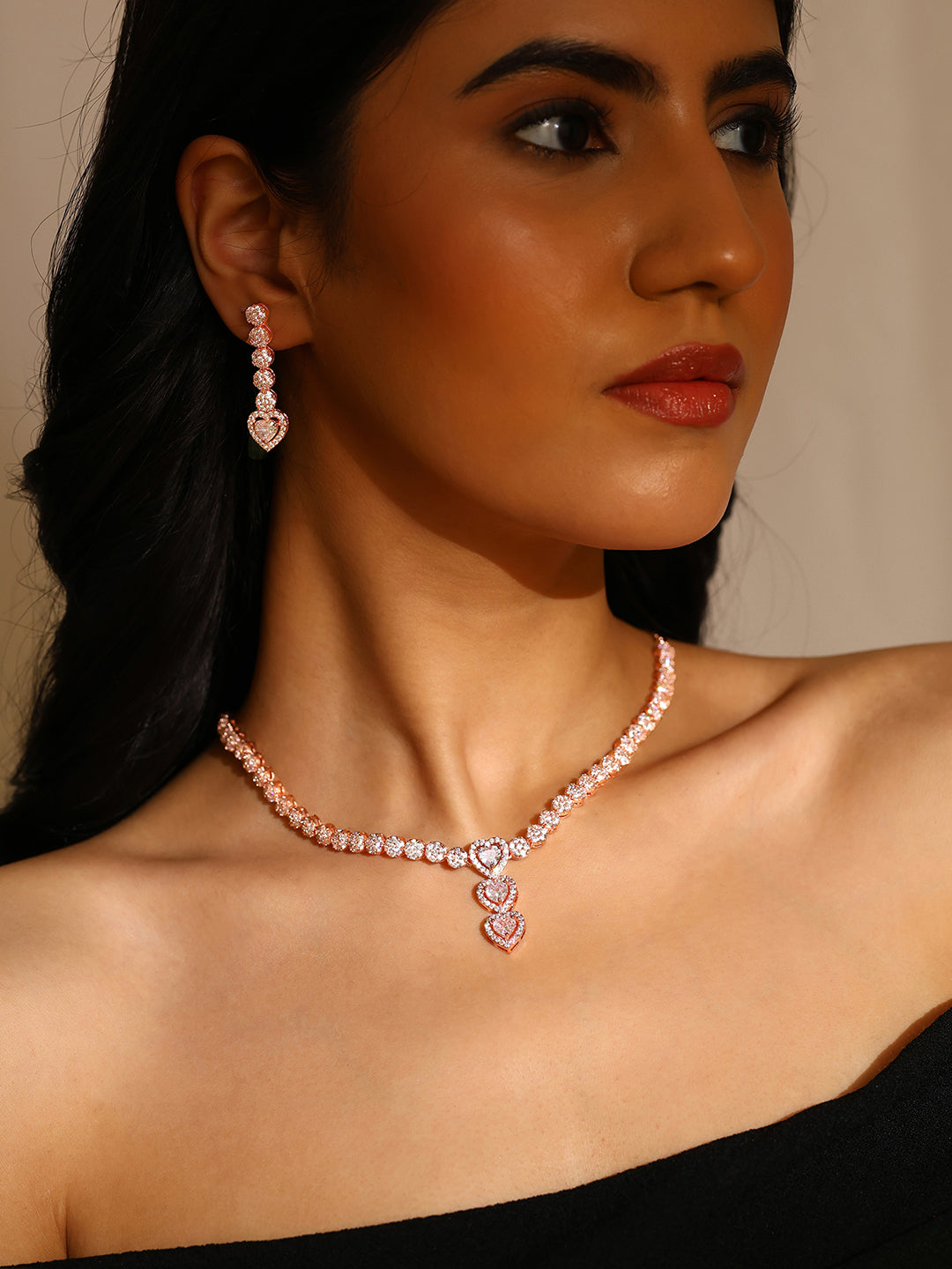 Priyaasi Lovely Love Shaped American Diamond Rose Gold Jewellery Set