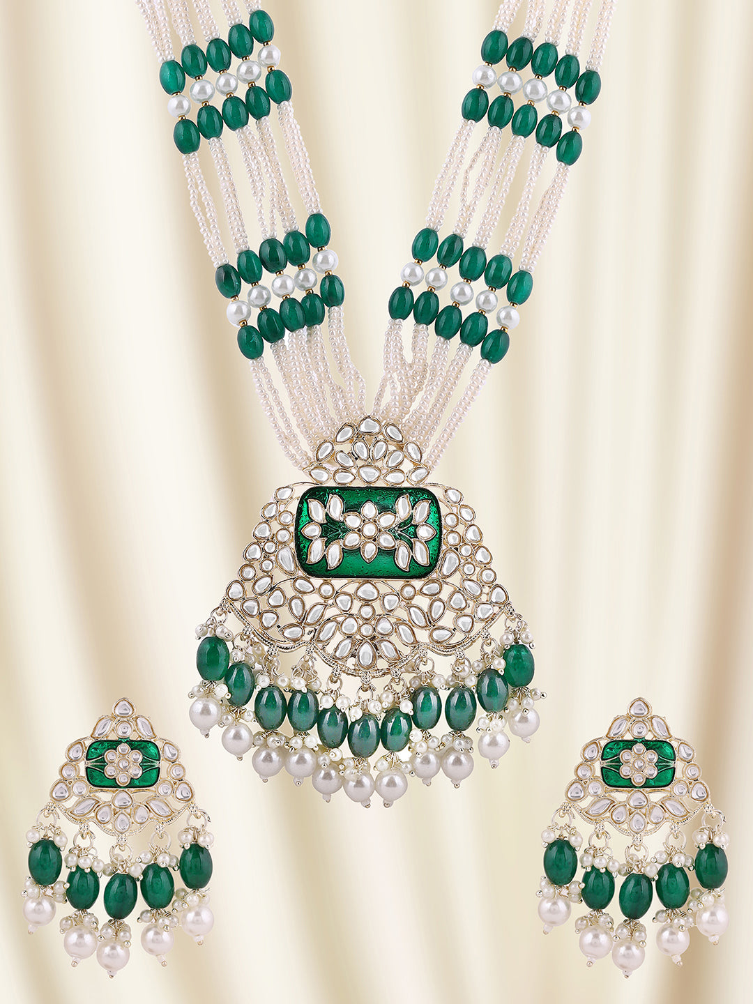 Priyaasi Green Beads Pearl Moti Kundan Jewellery Set