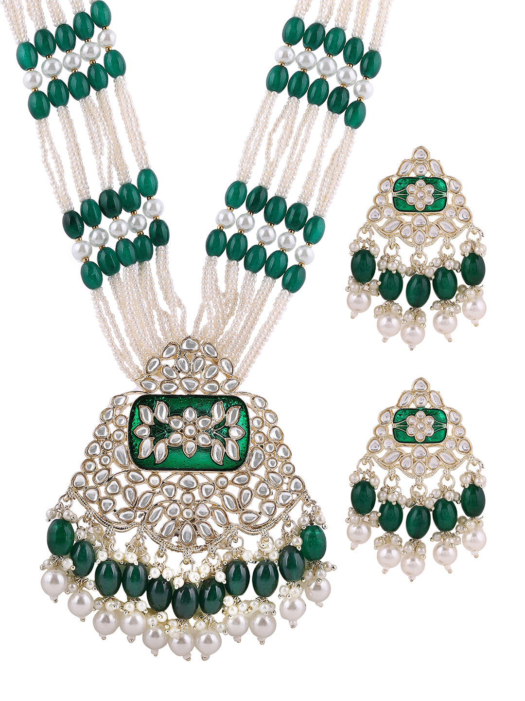 Priyaasi Green Beads Pearl Moti Kundan Jewellery Set