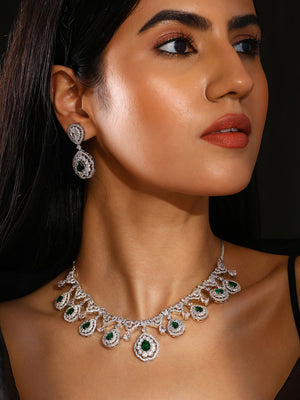 Priyaasi Green AD Stones Drop Style Silver Plating Necklace with Elegant Drop Earrings Jewellery Set