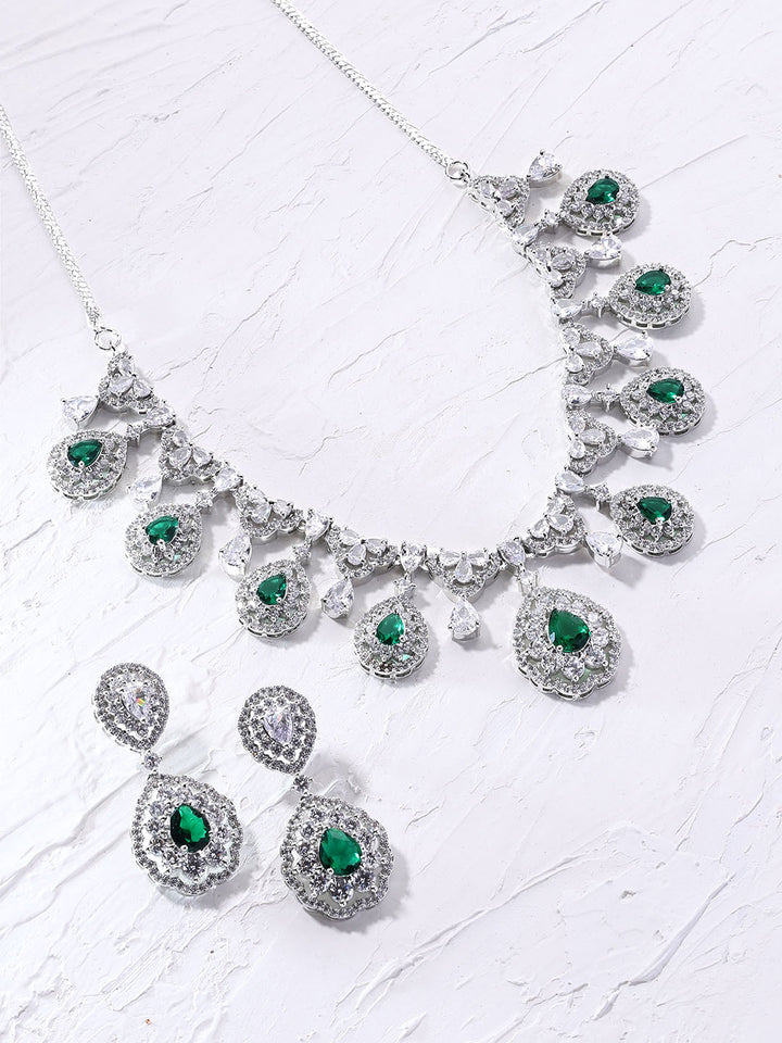 Priyaasi Green AD Stones Drop Style Silver Plating Necklace with Elegant Drop Earrings Jewellery Set