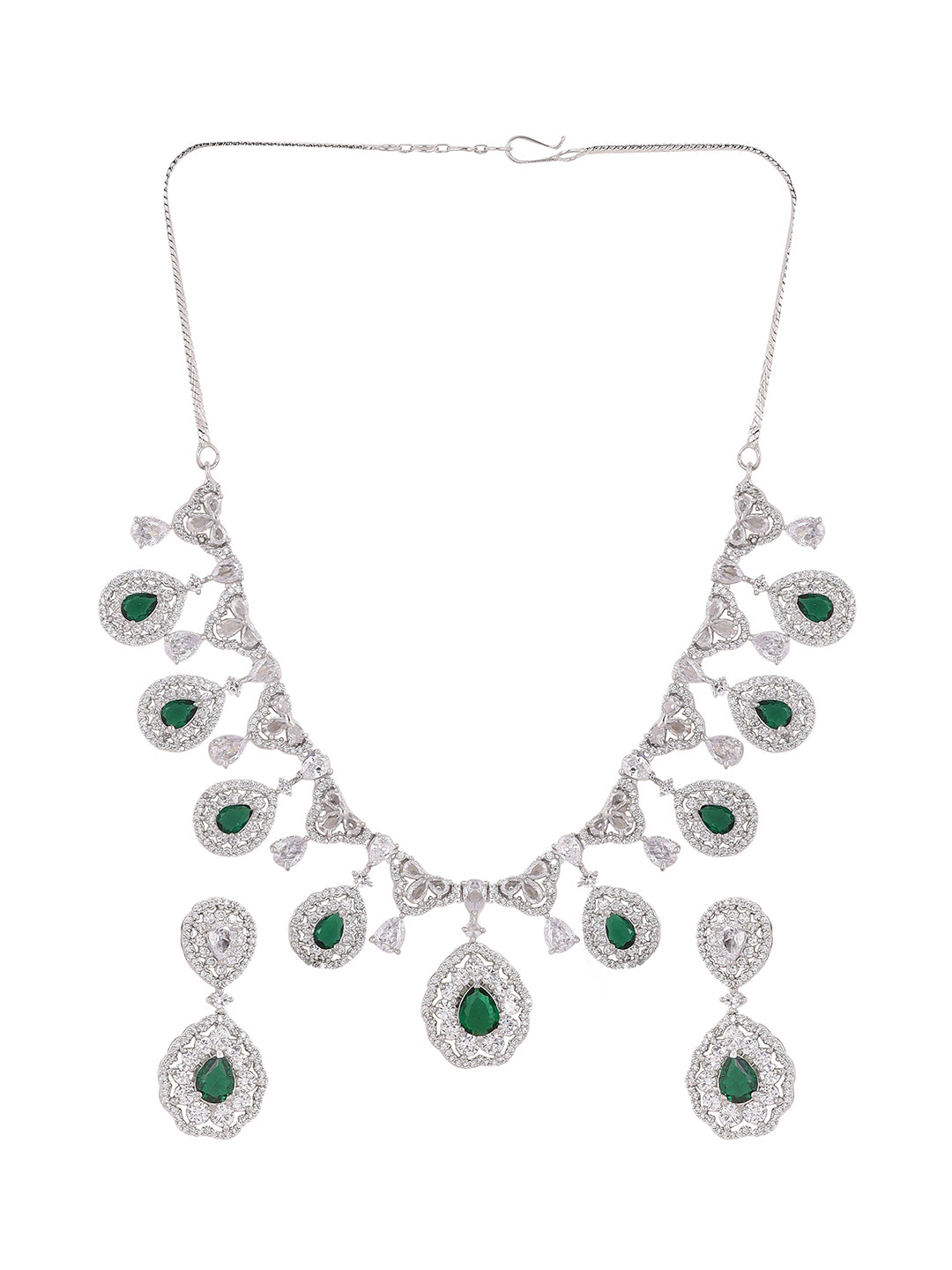 Priyaasi Green AD Stones Drop Style Silver Plating Necklace with Elegant Drop Earrings Jewellery Set